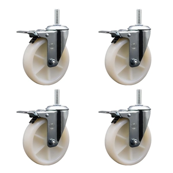 5 Inch Nylon Swivel 34 Inch Threaded Stem Caster Set with Total Lock Brake